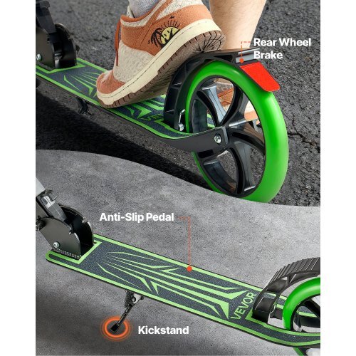 Kick Scooter for Kids Ages 8+, Teens & Adults, 2-Wheel Toddler Scooter with Adjustable Height Handlebar, Wide Anti-Slip Deck, Foldable Lightweight for Boys & Girls up to 220 lbs, Black + Green