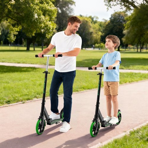 Kick Scooter for Kids Ages 8+, Teens & Adults, 2-Wheel Toddler Scooter with Adjustable Height Handlebar, Wide Anti-Slip Deck, Foldable Lightweight for Boys & Girls up to 220 lbs, Black + Green