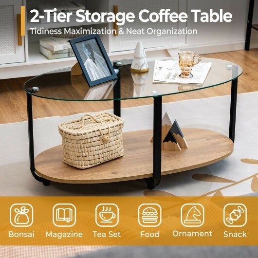 2-Tier Glass-Top Oval Coffee Table with Wooden Shelf for Living Room