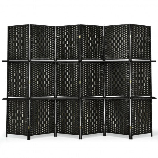 6 Panel Folding Weave Fiber Room Divider with 2 Display Shelves -Brown