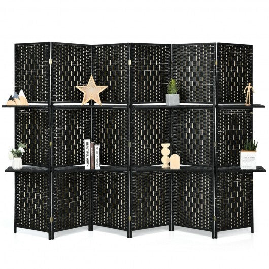 6 Panel Folding Weave Fiber Room Divider with 2 Display Shelves -Brown