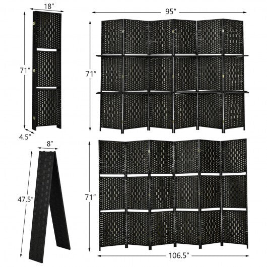6 Panel Folding Weave Fiber Room Divider with 2 Display Shelves -Brown