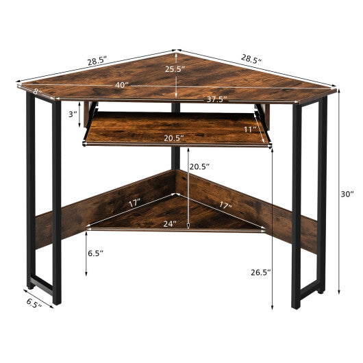 Triangle Corner Desk with Charging Station Keyboard Tray and Storage Shelf-Rustic Brown