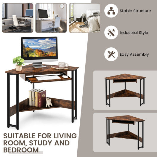 Triangle Corner Desk with Charging Station Keyboard Tray and Storage Shelf-Rustic Brown