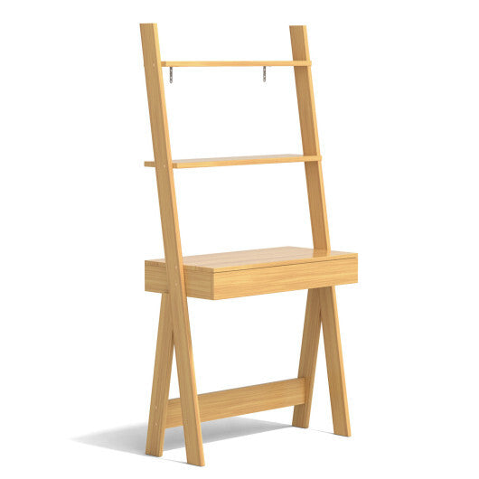 Ladder Shelf Desk with Countertop Drawer and Anti-Toppling Device-Oak