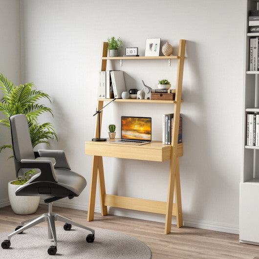 Ladder Shelf Desk with Countertop Drawer and Anti-Toppling Device-Oak