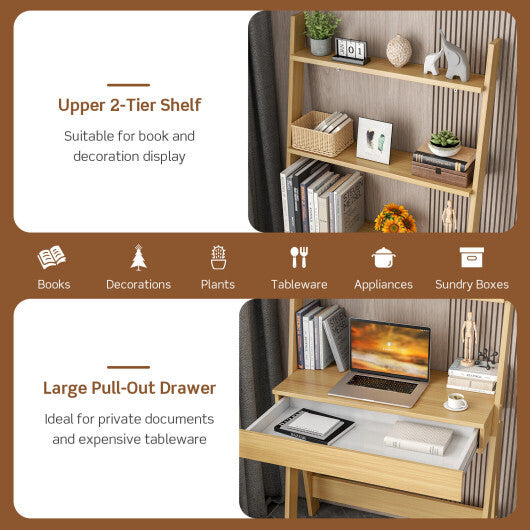 Ladder Shelf Desk with Countertop Drawer and Anti-Toppling Device-Oak