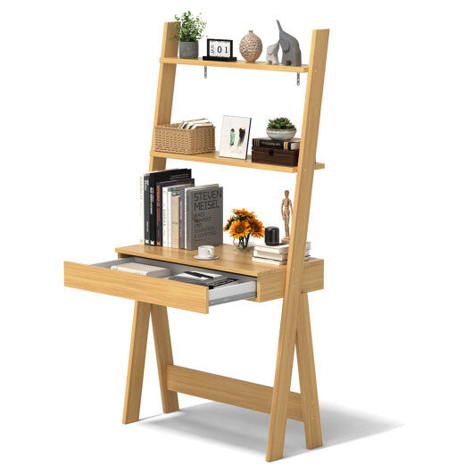Ladder Shelf Desk with Countertop Drawer and Anti-Toppling Device-Oak