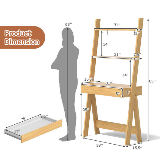 Ladder Shelf Desk with Countertop Drawer and Anti-Toppling Device-Oak