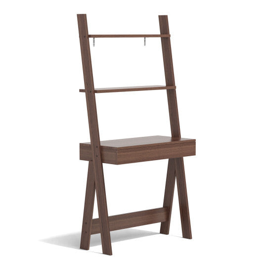 Ladder Shelf Desk with Countertop Drawer and Anti-Toppling Device-Oak