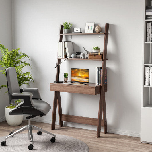Ladder Shelf Desk with Countertop Drawer and Anti-Toppling Device-Oak
