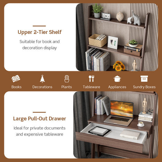 Ladder Shelf Desk with Countertop Drawer and Anti-Toppling Device-Oak