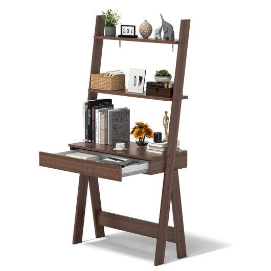 Ladder Shelf Desk with Countertop Drawer and Anti-Toppling Device-Oak