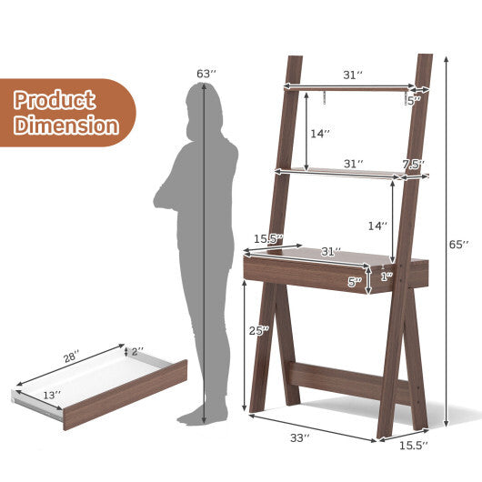 Ladder Shelf Desk with Countertop Drawer and Anti-Toppling Device-Oak