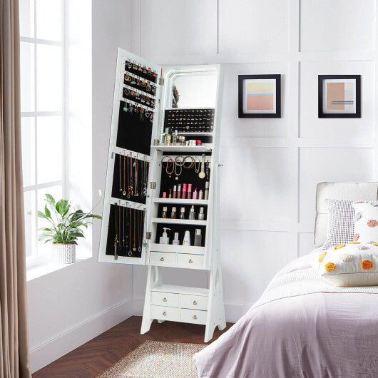 Freestanding Full Length LED Mirrored Jewelry Armoire with 6 Drawers-White