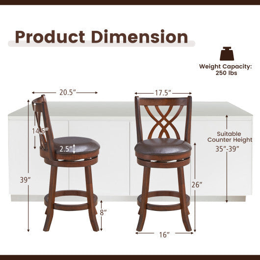 360 Swivel Counter Height Chairs with PU Leather Cushioned Seat and Footrests-26 inches