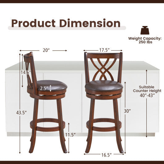 360 Swivel Counter Height Chairs with PU Leather Cushioned Seat and Footrests-26 inches