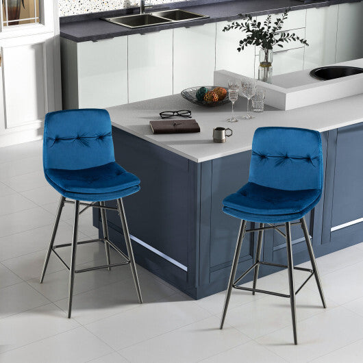 2 Pieces 29 Inch Velvet Bar Stools Set with Tufted Back and Footrests-Gray