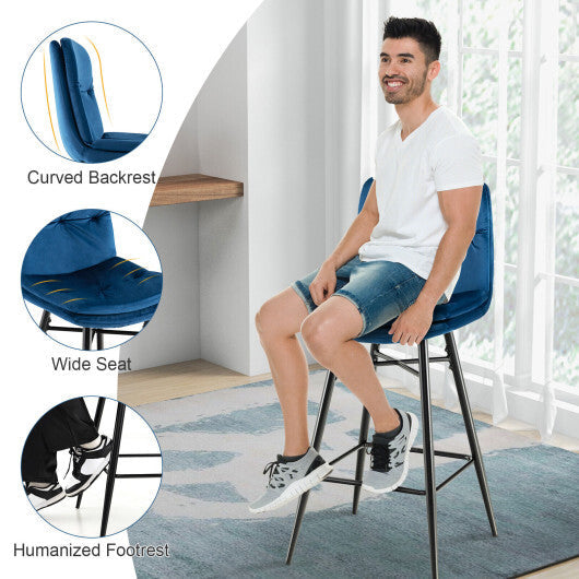 2 Pieces 29 Inch Velvet Bar Stools Set with Tufted Back and Footrests-Gray
