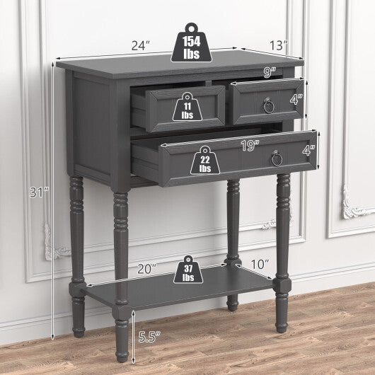 Narrow Console Table with 3 Storage Drawers and Open Bottom Shelf-Gray