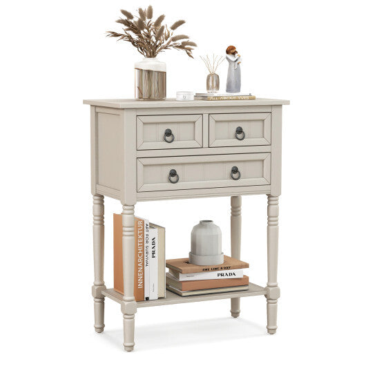 Narrow Console Table with 3 Storage Drawers and Open Bottom Shelf-Gray