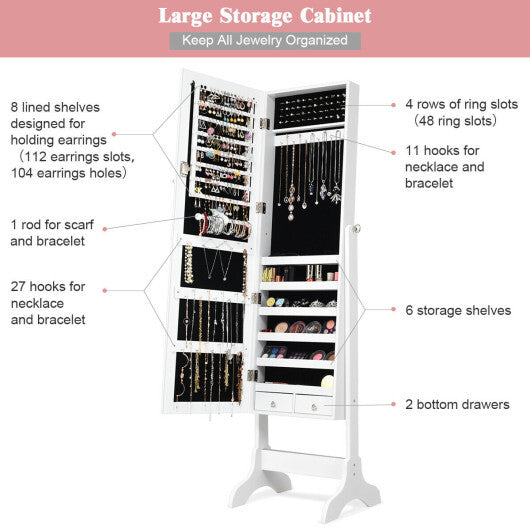 Lockable Mirrored Jewelry Cabinet Armoire Storage Organizer Box-Black