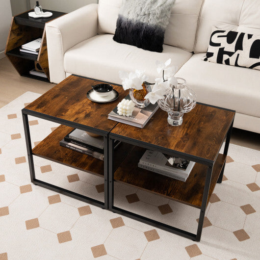 2 Pieces Industrial 2-Tier Side Table Set with Open Shelf-Rustic Brown
