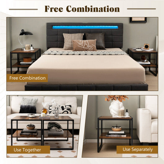 2 Pieces Industrial 2-Tier Side Table Set with Open Shelf-Rustic Brown