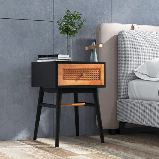 1-Drawer Modern Bedside Table with Solid Wood Legs-White