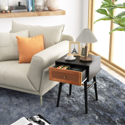 1-Drawer Modern Bedside Table with Solid Wood Legs-White