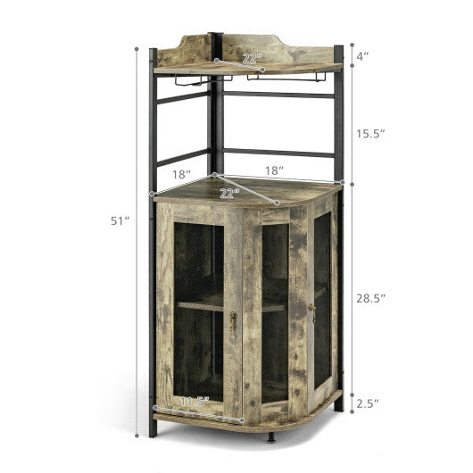 Industrial Corner Bar Cabinet with Glass Holder and Adjustable Shelf-Rustic Brown