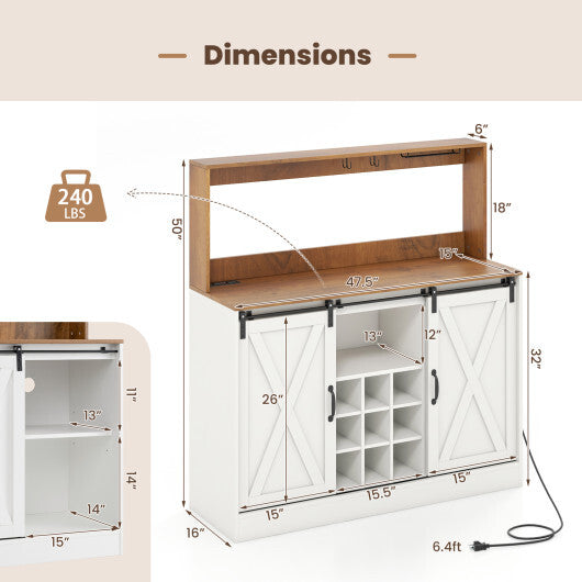 Farmhouse Coffee Bar Cabinet with Charging Station and Sliding Barn Doors-White