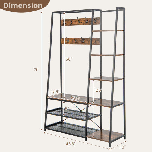 5-in-1 Entryway Hall Tree with Storage Bench with 9 Hooks-Rustic Brown