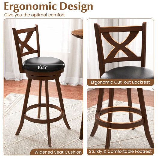2 Pieces Classic Counter Height Swivel Bar Stool Set with X-shaped Open Back-24 Inch