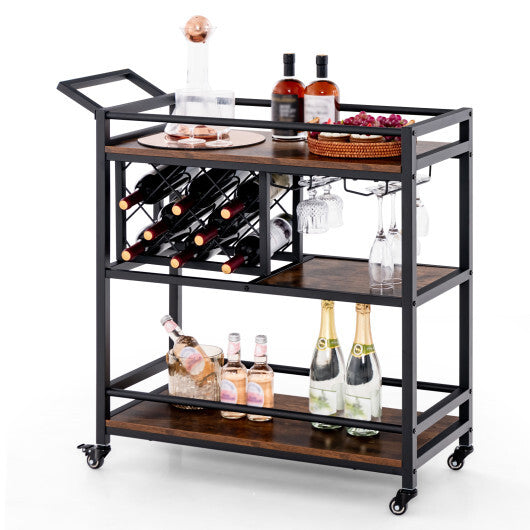 3-tier Bar Cart on Wheels Home Kitchen Serving Cart with Wine Rack and Glasses Holder-Brown