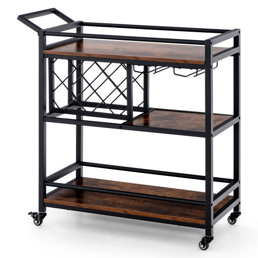 3-tier Bar Cart on Wheels Home Kitchen Serving Cart with Wine Rack and Glasses Holder-Brown