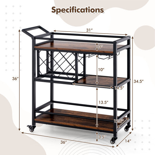 3-tier Bar Cart on Wheels Home Kitchen Serving Cart with Wine Rack and Glasses Holder-Brown