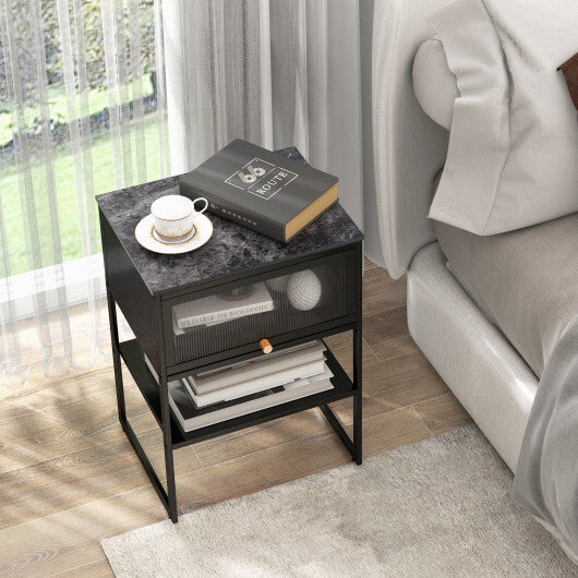 Nightstand with Flip up Door Storage Shelf-White