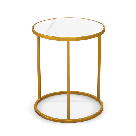 16 Inch Marble Top Round Side Table with Golden Metal Frame for Living Room Bedroom-Set of 2