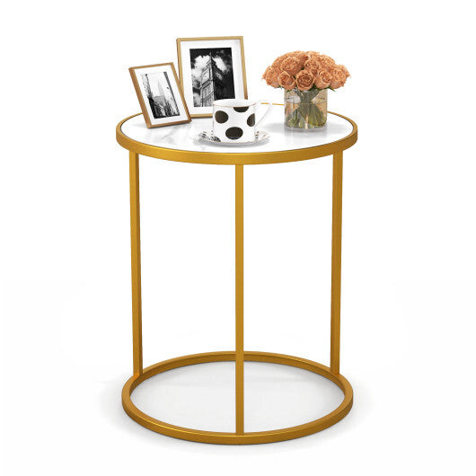 16 Inch Marble Top Round Side Table with Golden Metal Frame for Living Room Bedroom-Set of 2