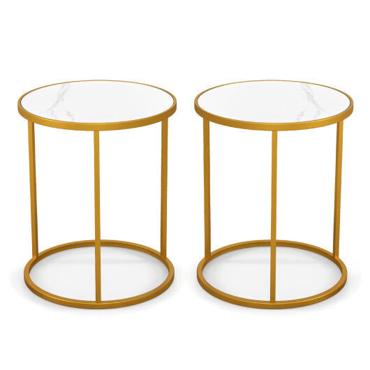 16 Inch Marble Top Round Side Table with Golden Metal Frame for Living Room Bedroom-Set of 2