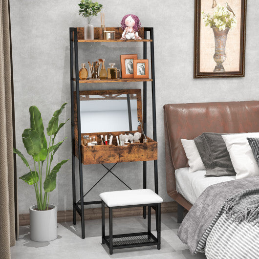 Ladder Vanity Desk Set with Flip Top Mirror and Cushioned Stool-Black