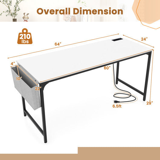60 Inch Computer Desk with Charging Station Storage Bag-Rustic Brown