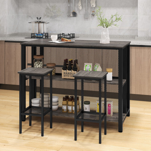 36 Inch 3-Tier Bar Table with Storage Metal Frame Adjustable Foot Pads for Dining Room-Rustic Brown