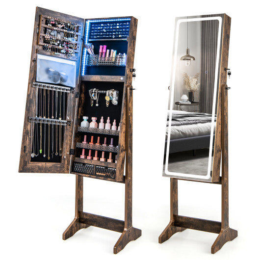 Lockable Jewelry Armoire Standing Cabinet with Lighted Full-Length Mirror-Walnut