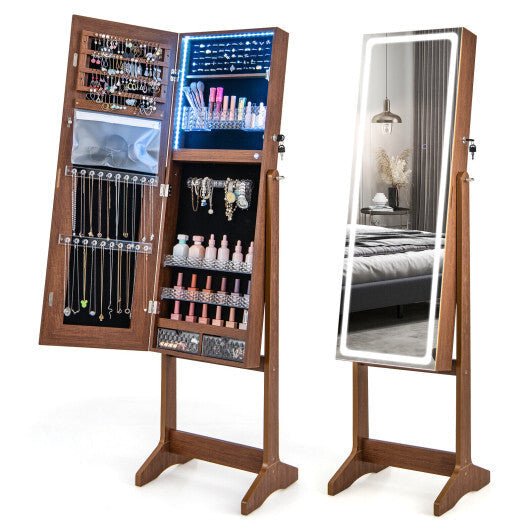 Lockable Jewelry Armoire Standing Cabinet with Lighted Full-Length Mirror-Walnut