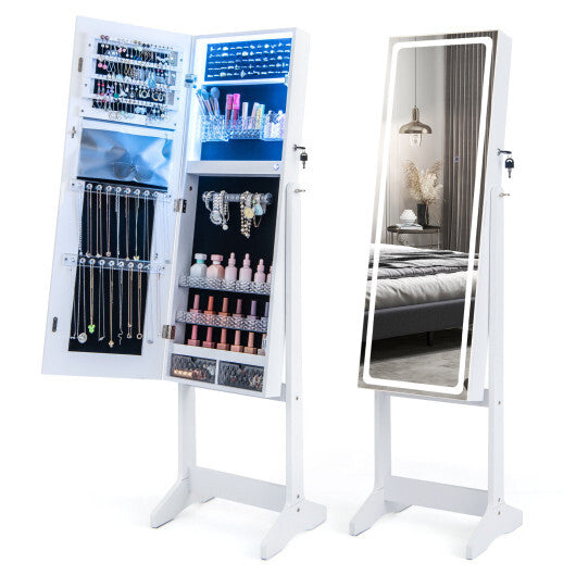Lockable Jewelry Armoire Standing Cabinet with Lighted Full-Length Mirror-Walnut