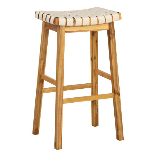 Faux PU Leather Bar Stools Set of 2 with Woven Curved Seat Natural-25.5 inches