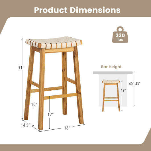 Faux PU Leather Bar Stools Set of 2 with Woven Curved Seat Natural-25.5 inches
