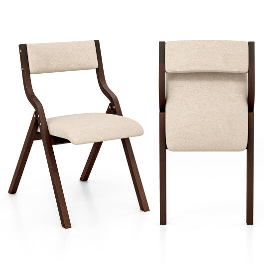 Set of 2 Wooden Folding Dining Chair with Linen Fabric Padded Seat and Backrest-Natural